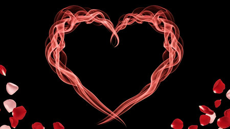 Heart shape made of red smoke with falling rose petals on black backgroundの素材