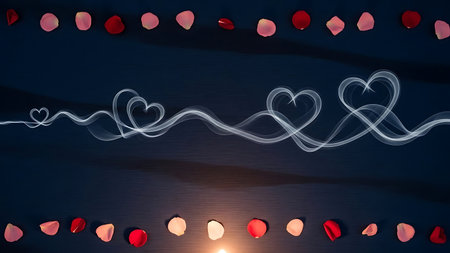 Sparkling heart trail drawn with light on dark surface framed by rose petal borderの素材