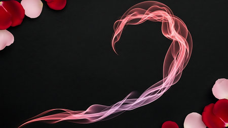 Abstract glowing pink heart shape made of smoke or light trails on black backgroundの素材