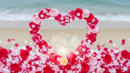 Heart shape made of red and pink flower petals on a beach for romance and celebrationの素材