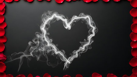 White smoke heart shape on black background framed by red rose petalsの素材