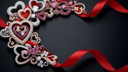 Elegant heartshaped diamond jewelry with pink gemstone accent on red ribbonの素材