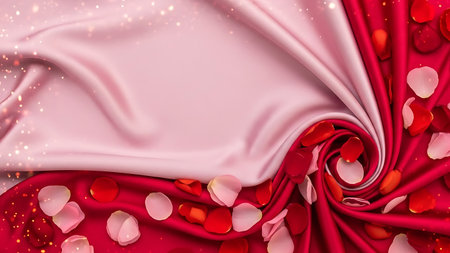 Romantic background of pink and red satin fabric with scattered rose petals and glitterの素材