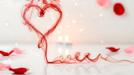 Red smoke forming a heart shape with rose petals and soft bokeh light in backgroundの素材