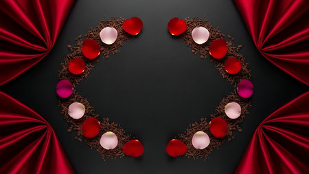 Romantic arrangement of colorful rose petals and tea leaves on black backgroundの素材