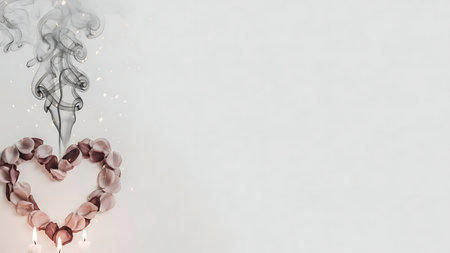Heart shape made of rose petals with smoke rising from burning candleの素材