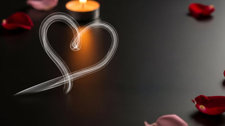 Glowing heart shape drawn with light effect surrounded by rose petals and candleの素材