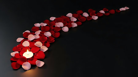Romantic trail of red and white rose petals with a glowing candle on dark backgroundの素材