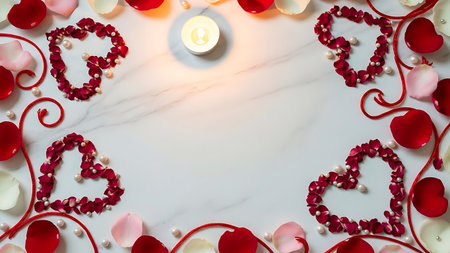 Romantic frame of red rose petals and pearls around a lit candle on whiteの素材
