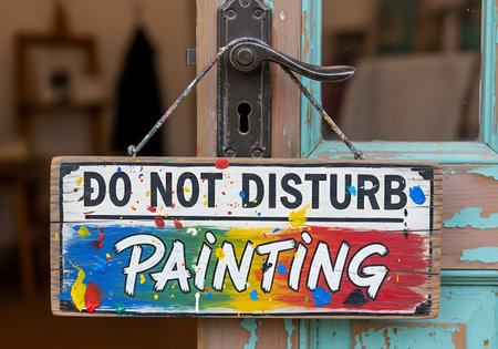 Colorful do not disturb sign hanging on a rustic door for paintingの素材