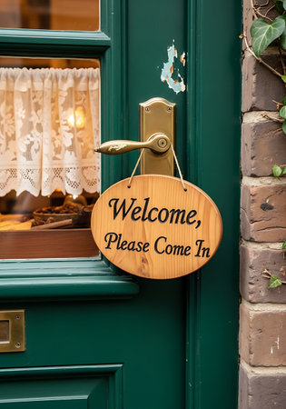 Wooden welcome sign hanging on a dark green door with brass hardwareの素材