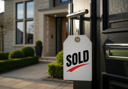 Sold sign hanging on the door of a modern, upscale residential homeの素材