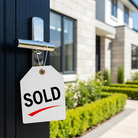 Sold sign hanging on the door of a modern house for real estate successの素材