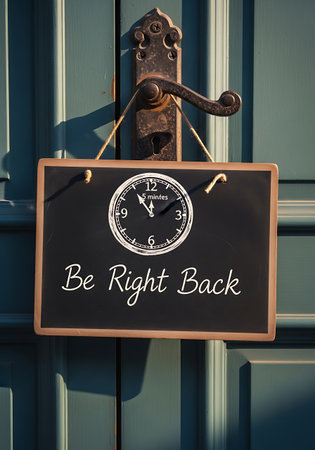 Chalkboard sign reading be right back hangs on a dark green doorの素材