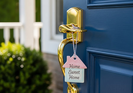 Home sweet home tag hanging on open blue front door handleの素材