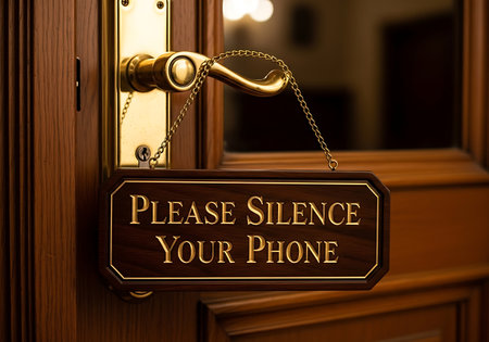 Wooden sign hanging on a door handle asking people to silence their phoneの素材