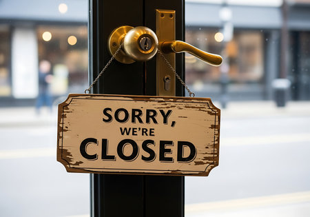 Close sign hanging on a door handle with sorry were closed messageの素材