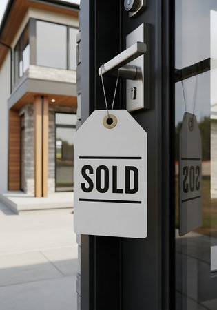 Sold tag hanging on modern home door handle signifying real estate transactionの素材