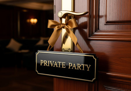 Private party sign hanging on a wooden door with a gold bow on handleの素材