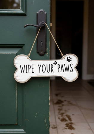 Bone shaped sign reading wipe your paws hangs on a green doorの素材