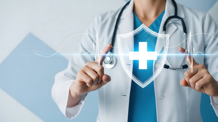 Doctor holding glowing shield with medical cross for health protection conceptの素材