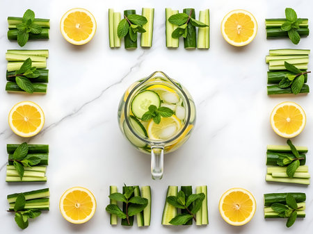 Refreshing detox water with lemon, cucumber, and mint on white backgroundの素材