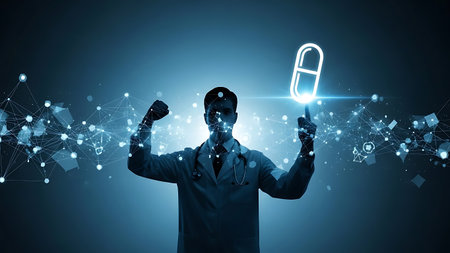 Doctor silhouette holding glowing capsule with digital data backgroundの素材