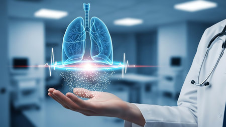 Doctor holding holographic projection of human lung with heartbeat monitorの素材