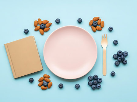 Overhead view of empty pink plate with almonds and blueberries on blueの素材