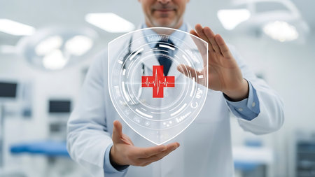 Doctor holding digital shield with medical cross symbol for healthcare protectionの素材
