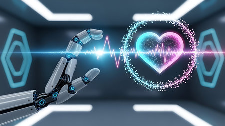 Robotic hand interacting with glowing digital heart and heartbeat monitorの素材