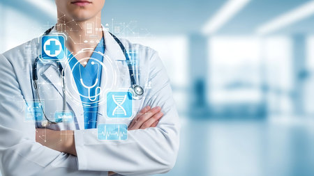 Doctor with arms crossed and digital medical interface overlayの素材