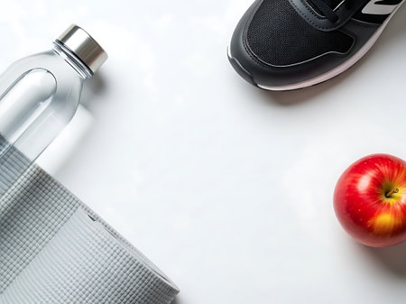 Flat lay of fitness essential water bottle, sneaker, apple, and mat isolated on white backgroundの素材