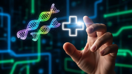 Hand interacting with glowing DNA helix and medical cross in digital spaceの素材