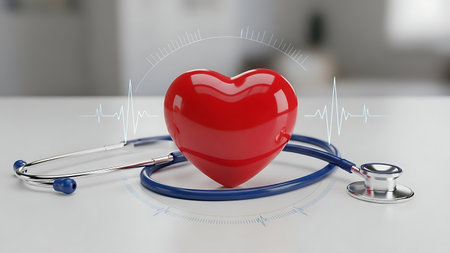 Shiny red heart model resting on a blue stethoscope on a white surfaceの素材
