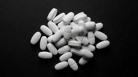 Pile of white oval prescription pills and broken tablet on dark backgroundの素材