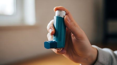 Person holding an asthma inhaler for quick relief of breathing difficultyの素材