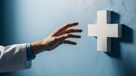 Doctors hand reaching for a white medical cross symbol on blue wallの素材