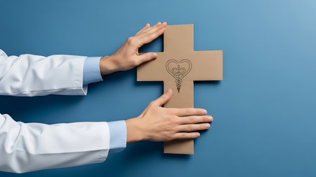 Doctors hands placing cardboard cross with medical symbol on blue wallの素材