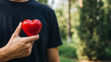 Man holding a shiny red heart symbol close to his chest outdoorsの素材