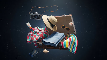 Summer vacation travel essential items floating against a dark backgroundの素材