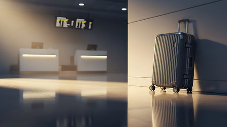Suitcase waiting at a dimly lit airport checkin counter with dramatic lightの素材