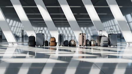 Collection of various luggage and travel bags lined up in a modern airport terminalの素材