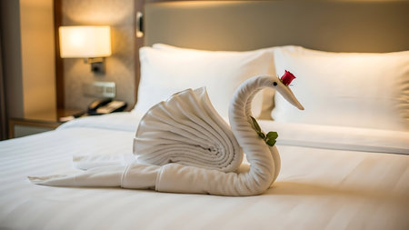 Towel swan decoration on a neatly made hotel bed with white linenの素材