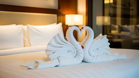 Two towel swans forming a heart shape on a neatly made hotel bedの素材