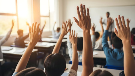 Students raising hands in classroom during lesson with bright sunlight streaming inの素材
