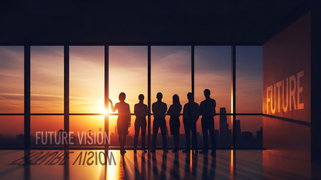 Business team silhouette looking at sunset city view with future visionの素材