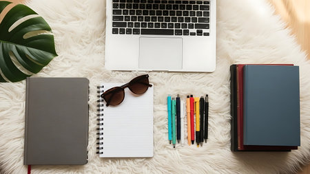 Overhead view of a modern workspace setup with laptop, notebook, and penの素材