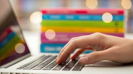 Close up of hand typing on laptop keyboard with colorful book stack backgroundの素材