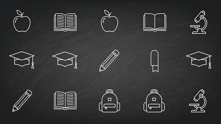 Set of white outline education and school icons drawn on a chalkboard backgroundの素材